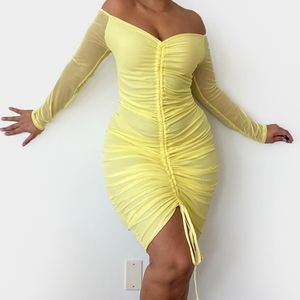 Plus Lemon Mesh Ruched Bardot Midi Dress